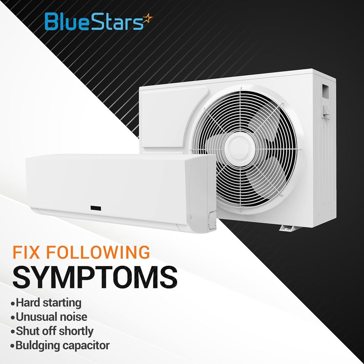 Air conditioner unit illustrating symptoms fixed by a 60 uF CBB60 motor run capacitor.