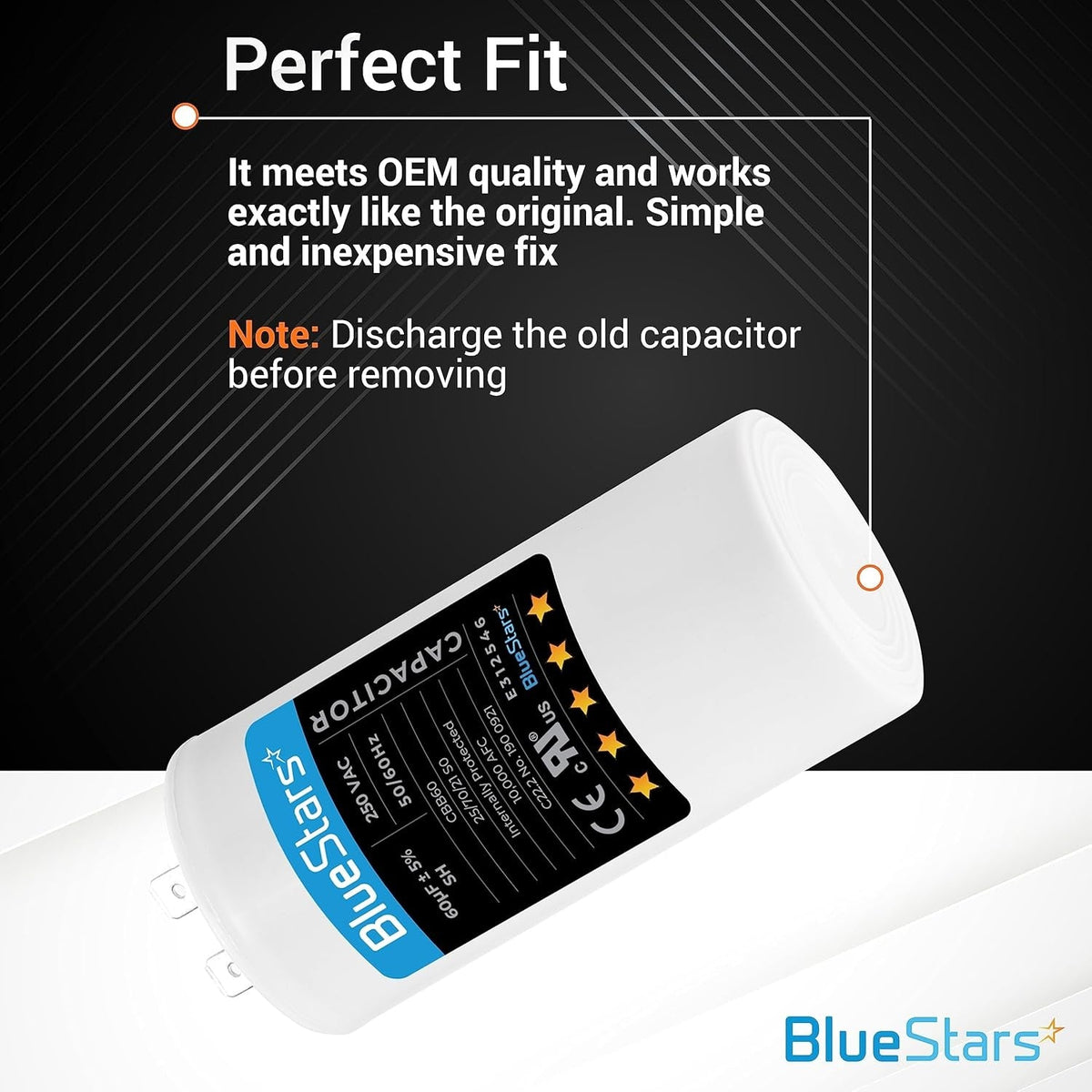 Close-up of 60uF CBB60 250VAC motor run capacitor with technical specifications label.