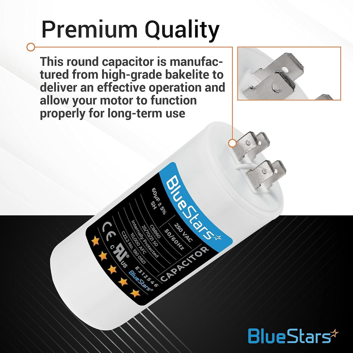 60uF CBB60 250VAC motor run capacitor with close-up view of terminal connectors and product label.
