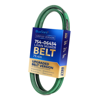 754-06434 green lawn mower deck belt in BlueStars branded packaging for 36-inch deck mowers.