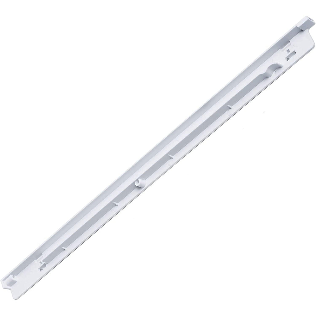 White left-side refrigerator pan hanger replacement for Frigidaire and Kenmore models.