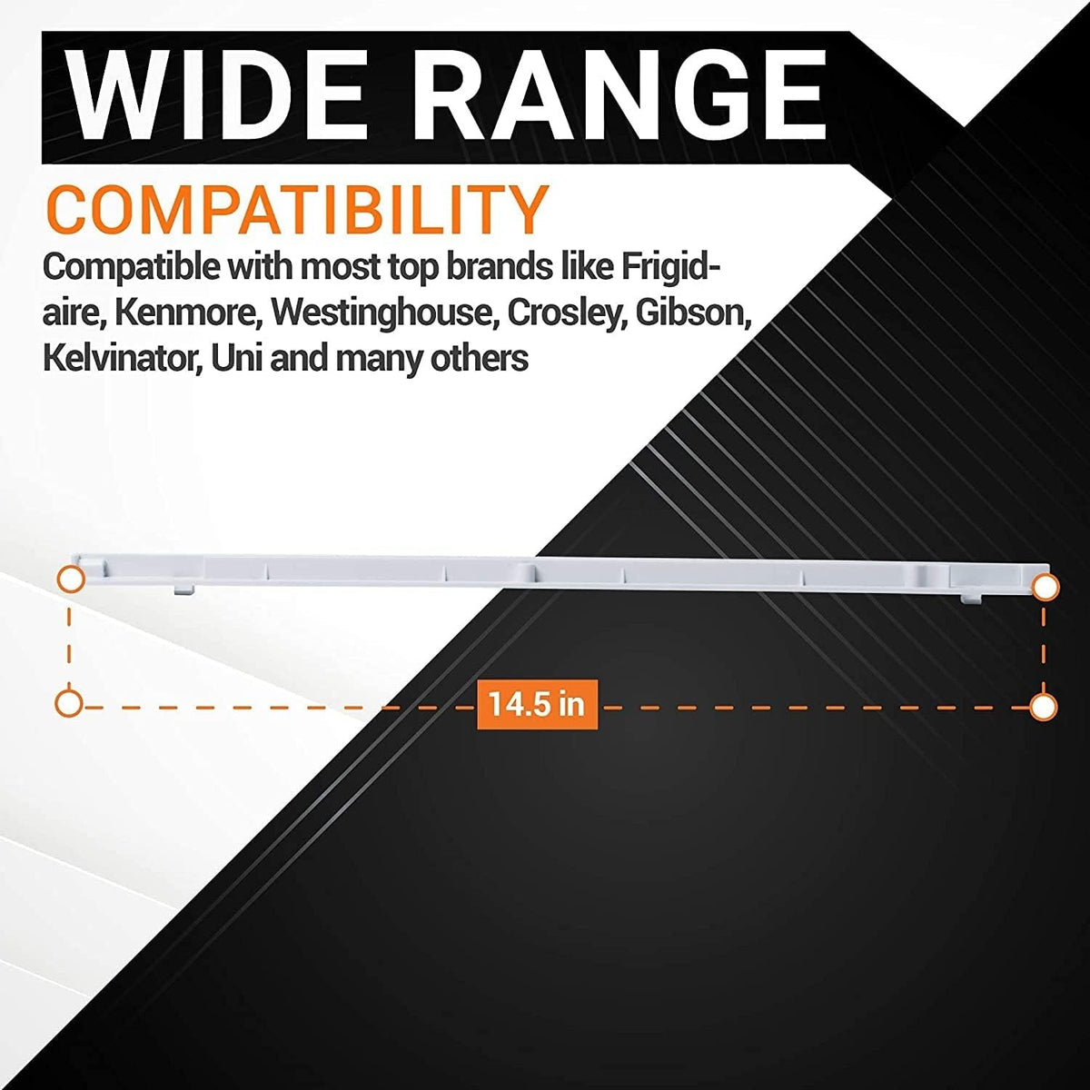 240530601 refrigerator pan hanger showing 14.5-inch length measurement and compatibility information.