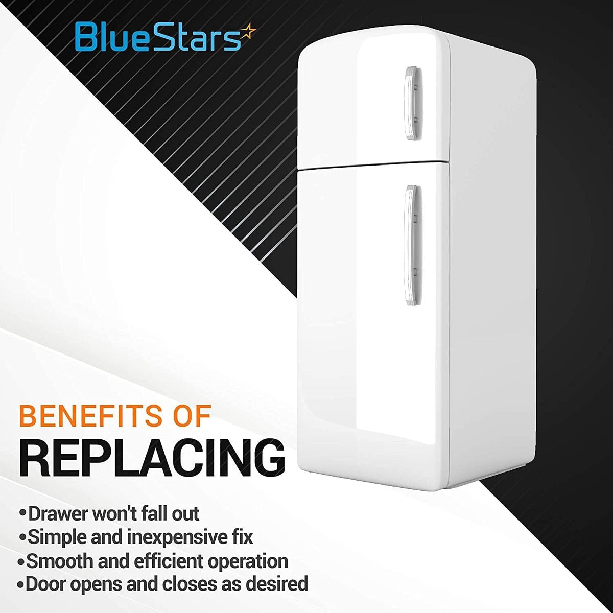 Informational graphic showing benefits of replacing a refrigerator pan hanger for Frigidaire and Kenmore models.