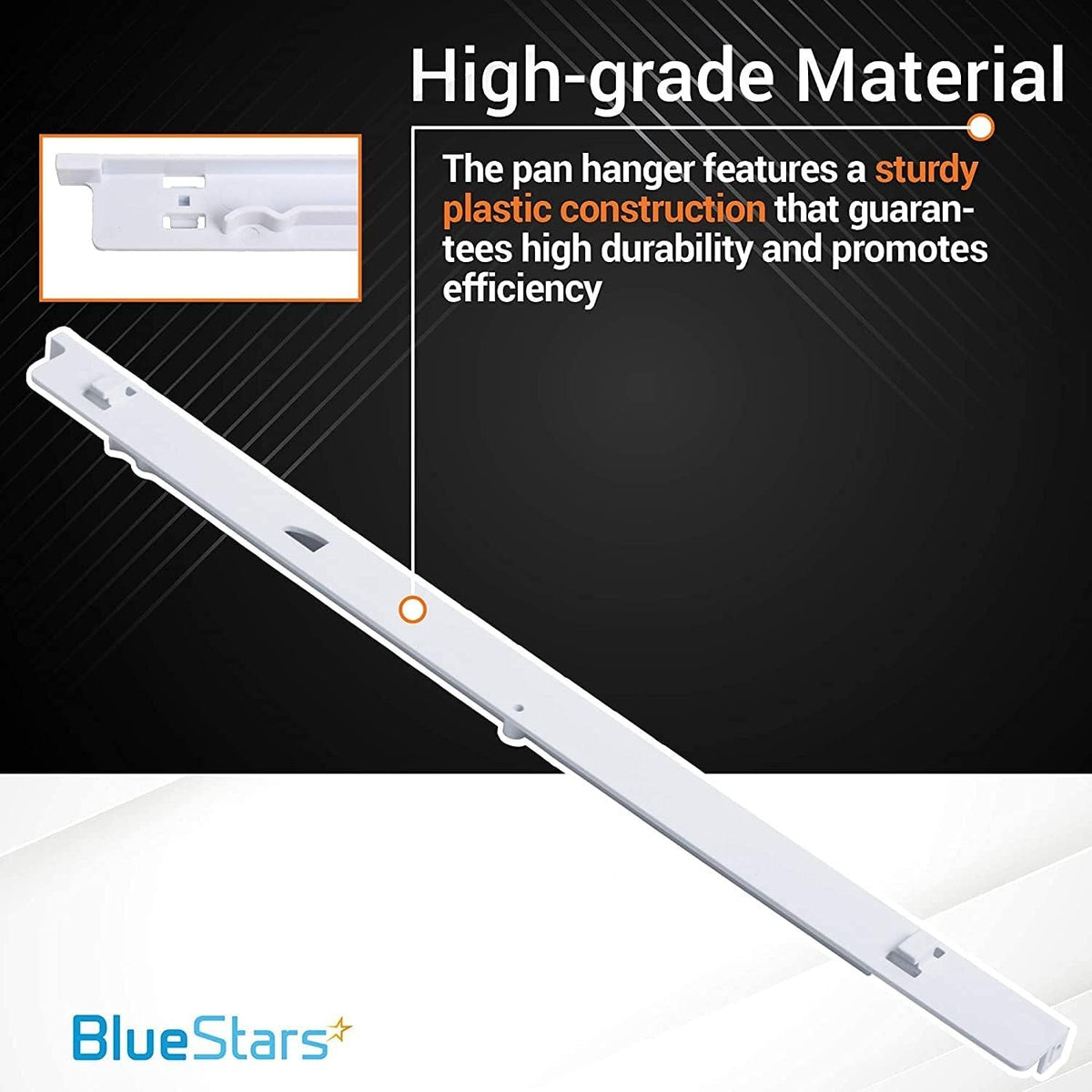White plastic left-side refrigerator pan hanger replacement for Frigidaire and Kenmore appliances.