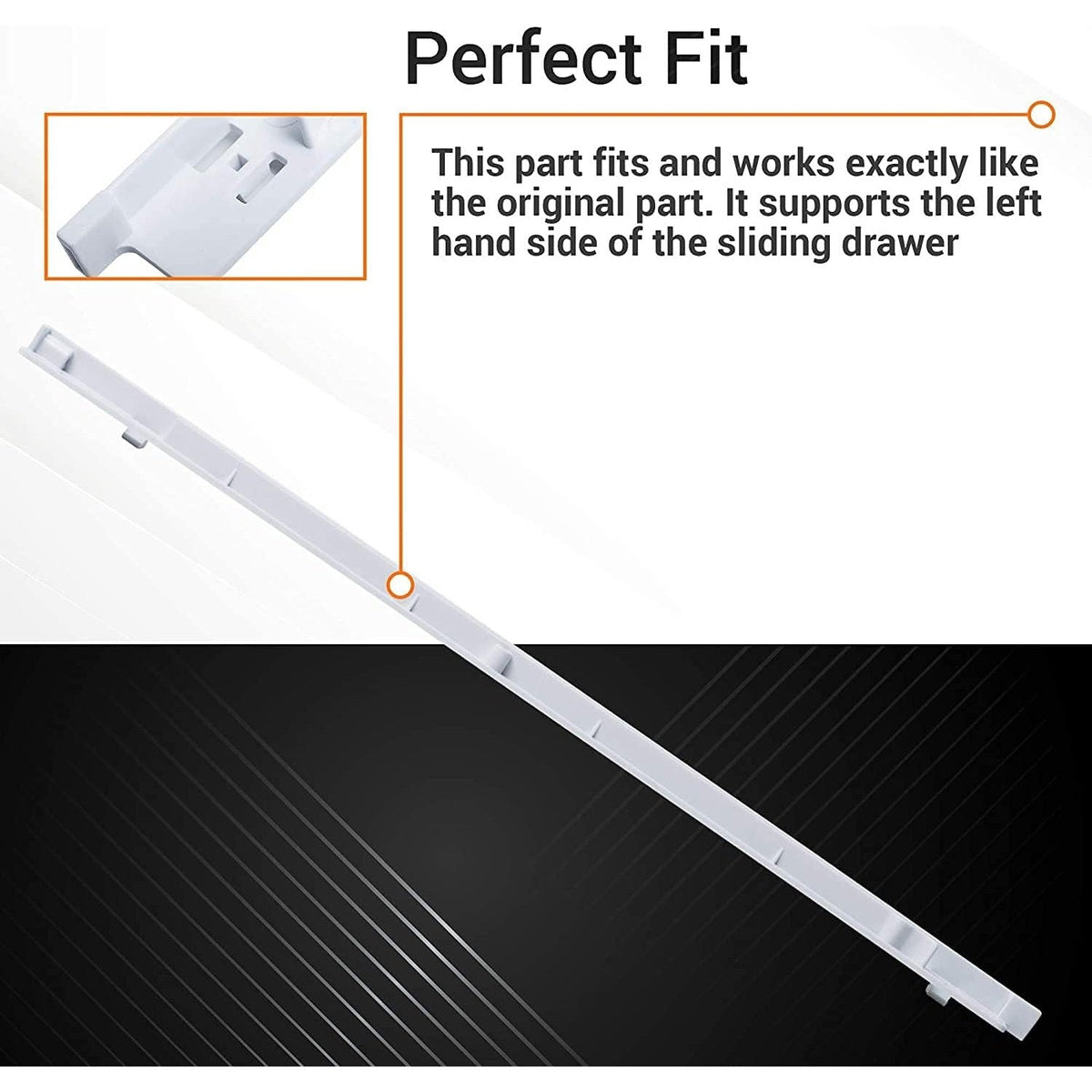 White left-side refrigerator pan hanger replacement rail for Frigidaire and Kenmore sliding drawers.
