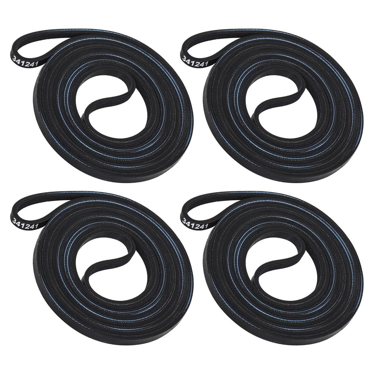 Pack of four 341241 dryer drum belts compatible with Whirlpool and Kenmore dryers.