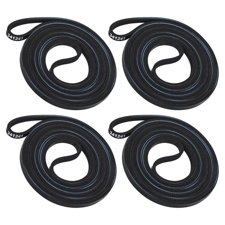 Pack of four 341241 dryer drum belts compatible with Whirlpool and Kenmore dryers.