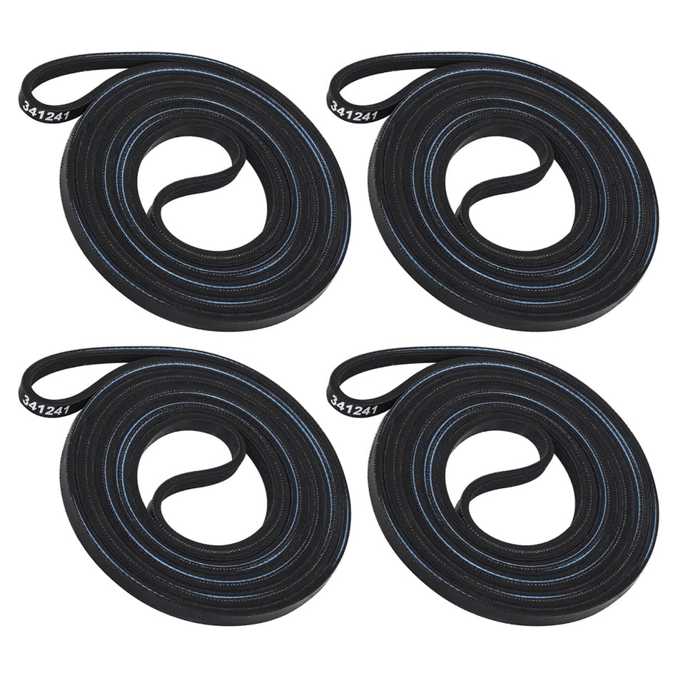 Pack of four 341241 dryer drum belts compatible with Whirlpool and Kenmore dryers.