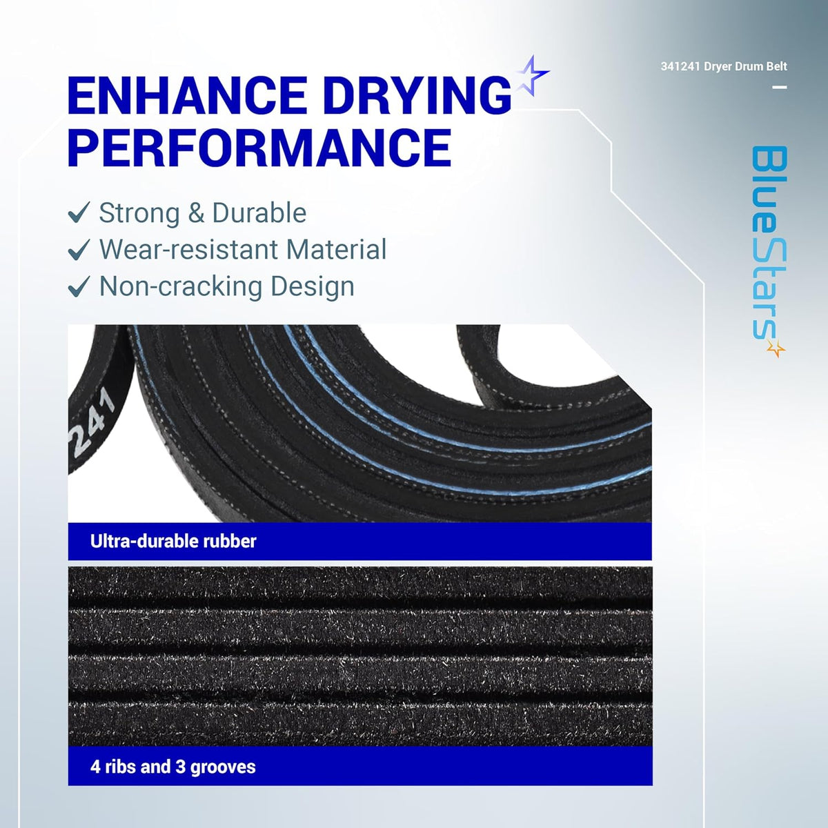 Close-up of 341241 dryer drum belt showing durable rubber material with 4 ribs and 3 grooves.
