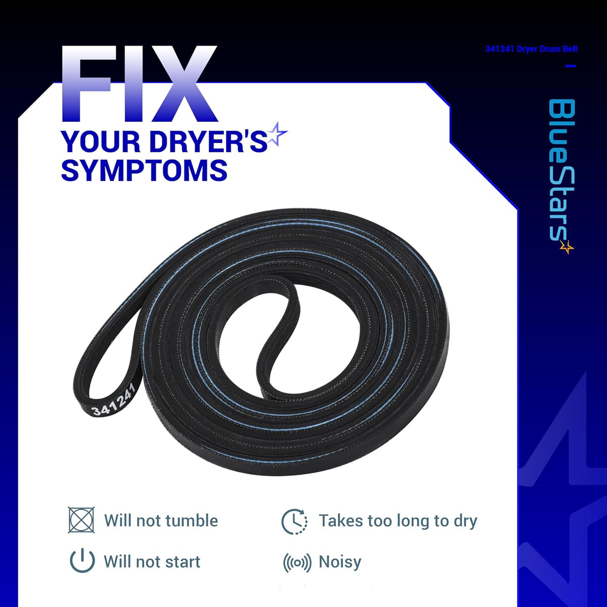 341241 replacement dryer drum belt for Whirlpool and Kenmore dryers shown in promotional graphic.