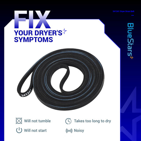 341241 replacement dryer drum belt for Whirlpool and Kenmore dryers shown in promotional graphic.