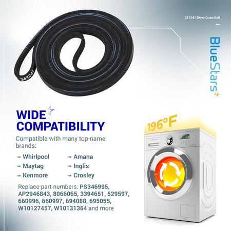 341241 dryer drum belt replacement for Whirlpool and Kenmore dryers with compatibility and part number information.