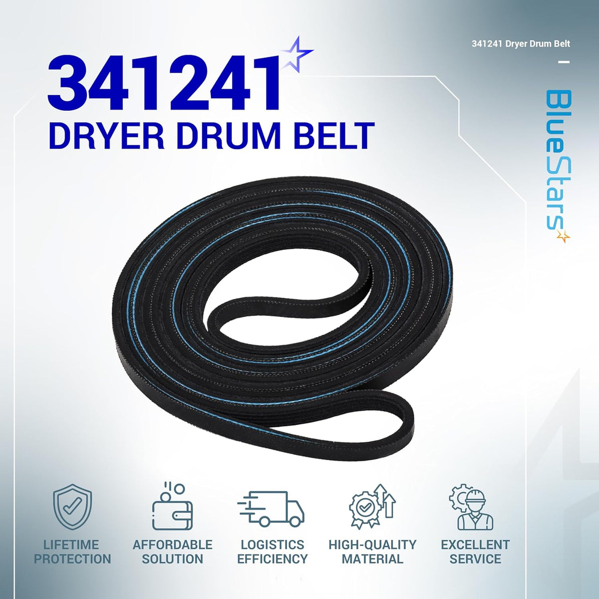 Single 341241 dryer drum belt replacement for Whirlpool and Kenmore dryers.