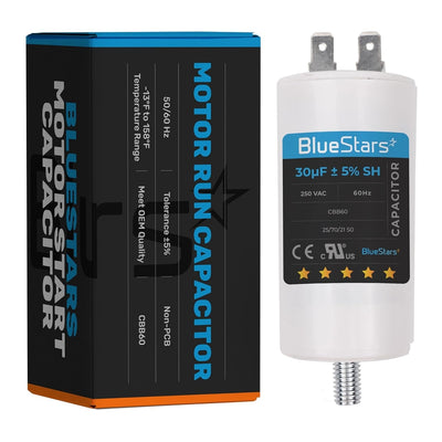 30 uF 250 VAC CBB60 motor run capacitor with screw base next to its branded product packaging box.