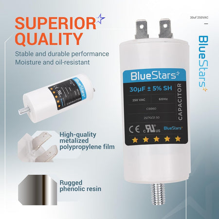 BlueStars 30uF 250VAC CBB60 run capacitor infographic showing product features, terminals, and specifications.