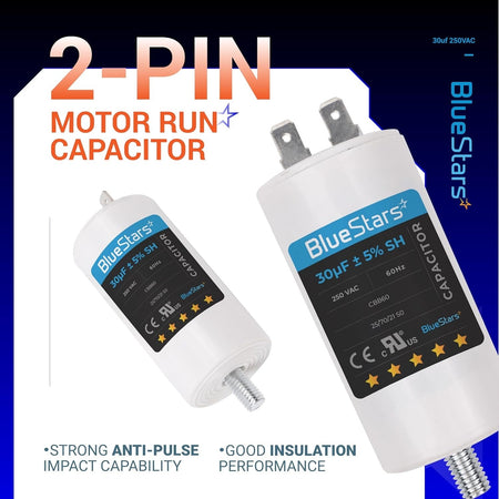 Two 30uF 250VAC CBB60 2-pin motor run capacitors with screw terminals for electric motors and water pumps.