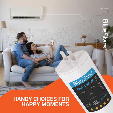 BlueStars 30uF 250VAC CBB60 run capacitor for AC motors shown in a lifestyle setting with a couple using an AC remote.