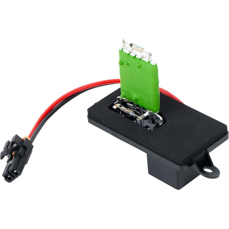 Blower motor resistor with green thermal element and wiring harness for Chevy, Cadillac, and GMC vehicles.