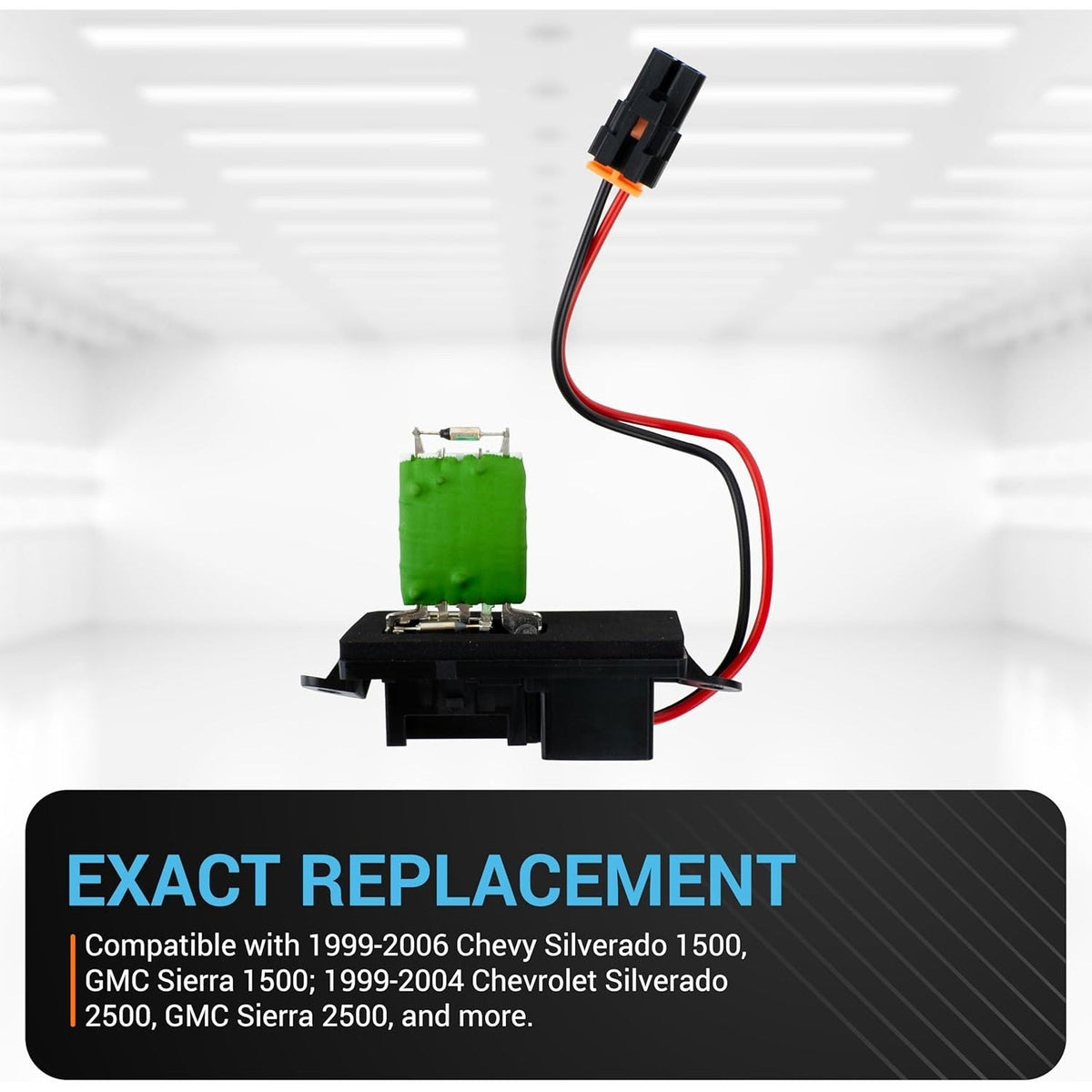 Blower motor resistor with wiring harness for Chevy, Cadillac, and GMC vehicles.