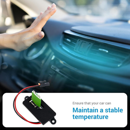 Blower motor resistor for Chevy, Cadillac, and GMC vehicles shown with car dashboard air vent background.