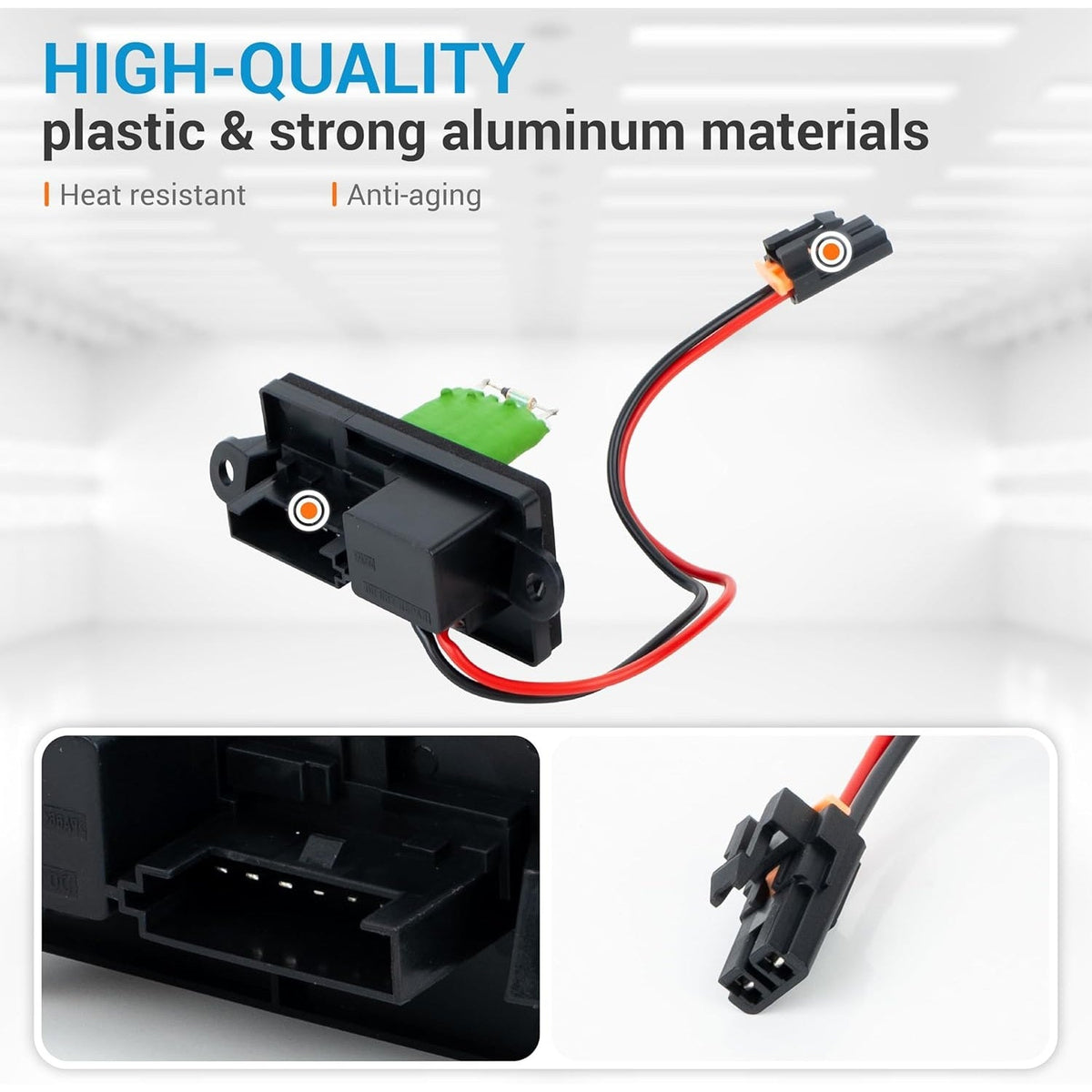 89019089 blower motor resistor for Chevy, Cadillac, and GMC with wiring harness and close-up connector details.