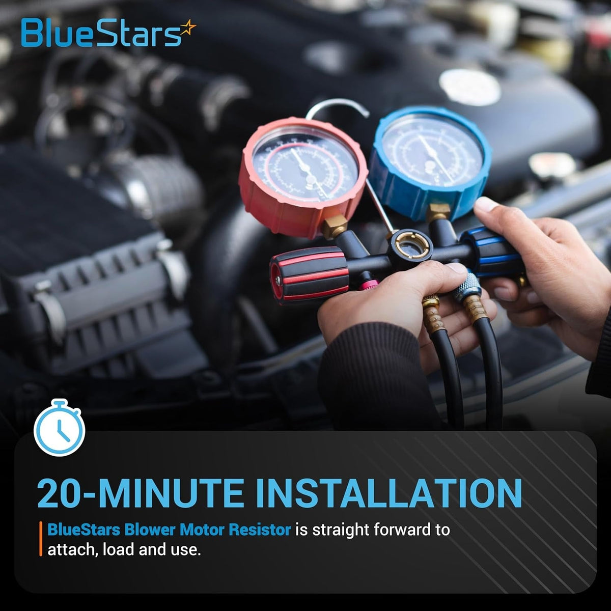 Hands holding AC manifold gauge set for blower motor resistor installation on Chevy, Cadillac, and GMC vehicles.