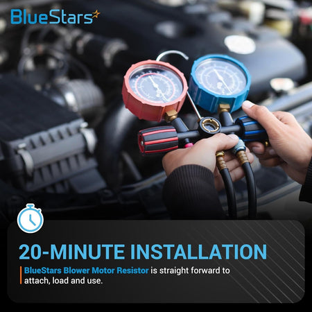 Hands holding AC manifold gauge set for blower motor resistor installation on Chevy, Cadillac, and GMC vehicles.