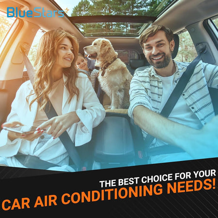 Family with a dog in a car for BlueStars blower motor resistor air conditioning promotion.