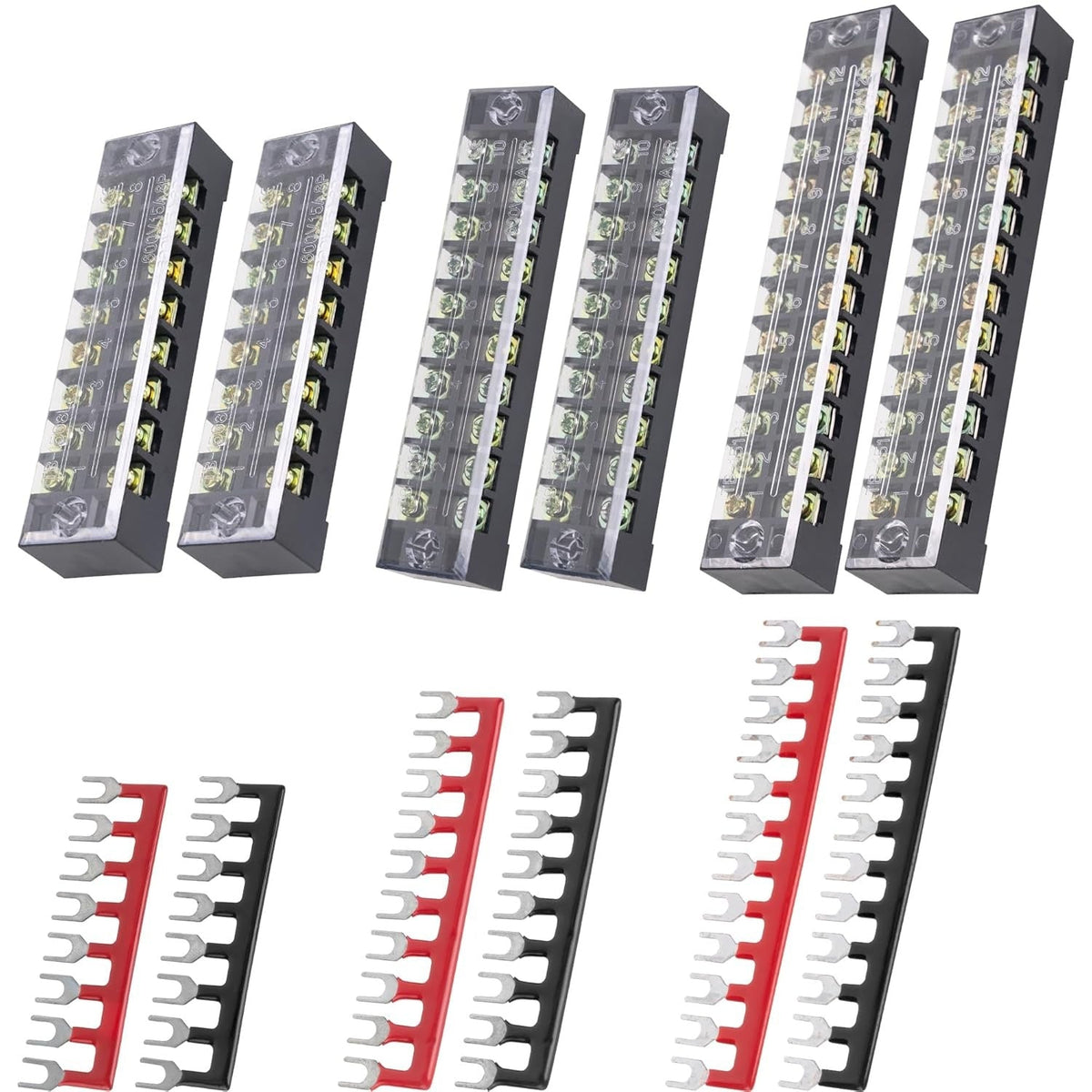 Set of six 8, 10, and 12-position 600V 15A terminal strip blocks with matching red and black jumper strips.