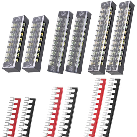 Set of six 8, 10, and 12-position 600V 15A terminal strip blocks with matching red and black jumper strips.