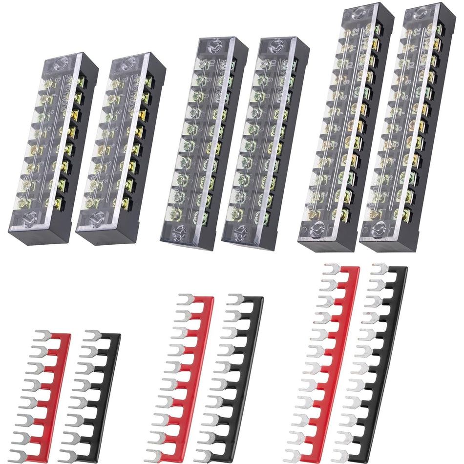 Set of six 8, 10, and 12-position 600V 15A terminal strip blocks with matching red and black jumper strips.