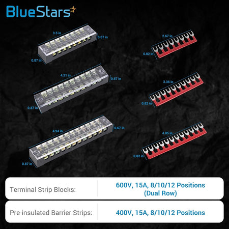 6-pack of 8, 10, and 12 position terminal strip blocks and pre-insulated barrier strips with dimensions.