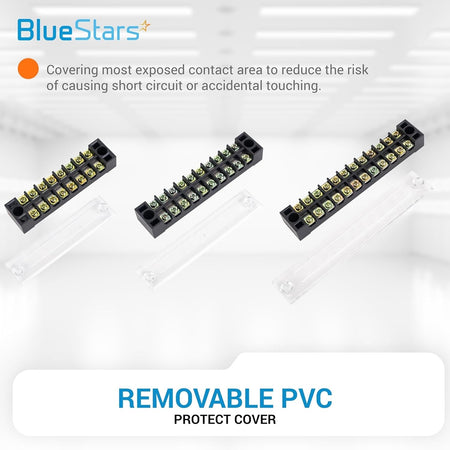 Three terminal strip blocks with removable clear PVC protective covers for electrical safety.