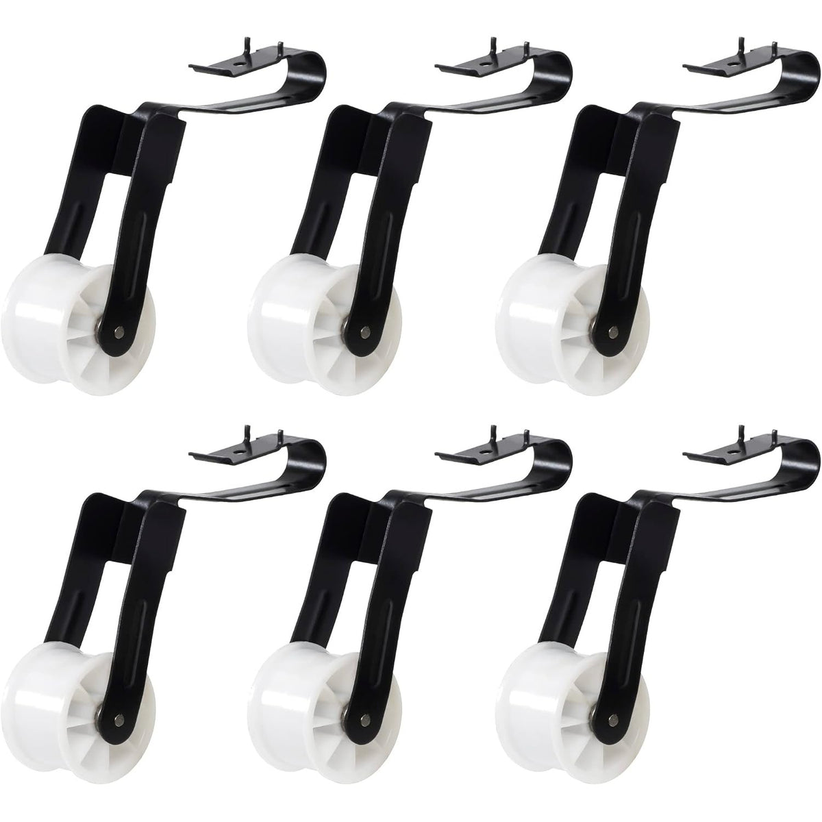 691366 Dryer Idler Pulley, six pulleys with white wheels and black metal brackets