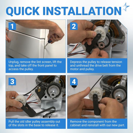 691366 Dryer Idler Pulley, four-step installation guide showing belt release and removal of the old pulley assembly