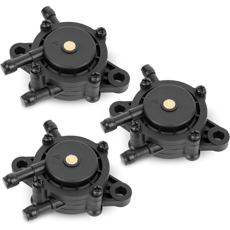 Set of three black plastic fuel pumps for small engines compatible with Briggs & Stratton, Kohler, and Honda.