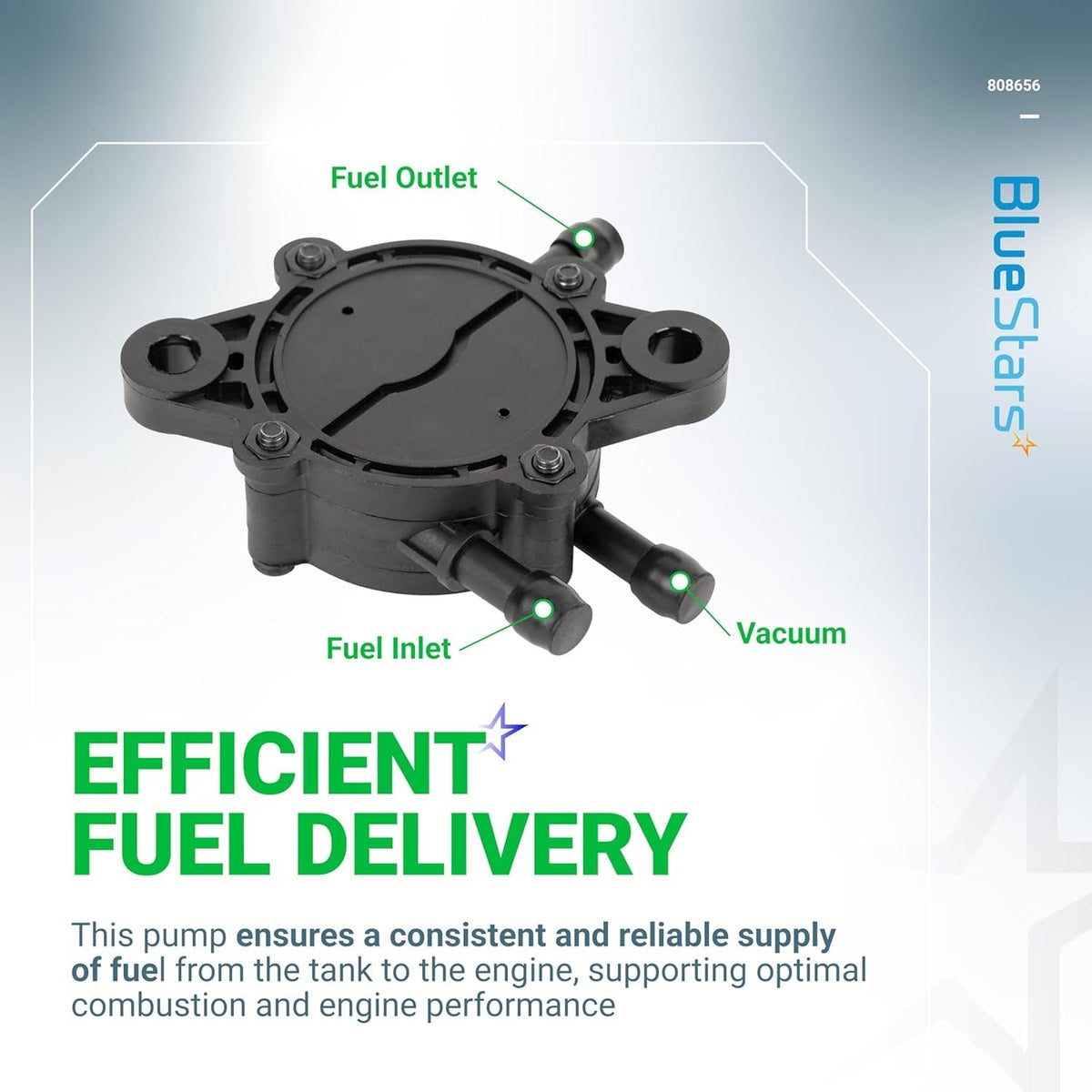 Replacement fuel pump 808656 showing fuel inlet, outlet, and vacuum ports for small engines.