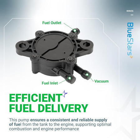 Replacement fuel pump 808656 showing fuel inlet, outlet, and vacuum ports for small engines.