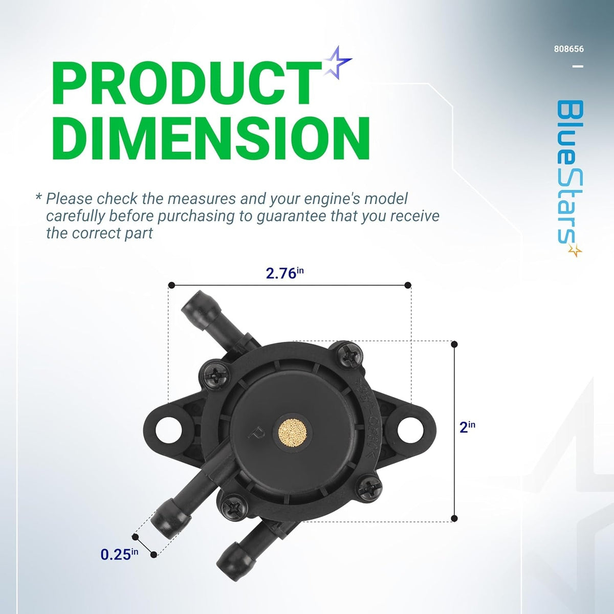 Dimensional diagram showing the 2.76-inch by 2-inch size of the 808656 fuel pump for small engines.