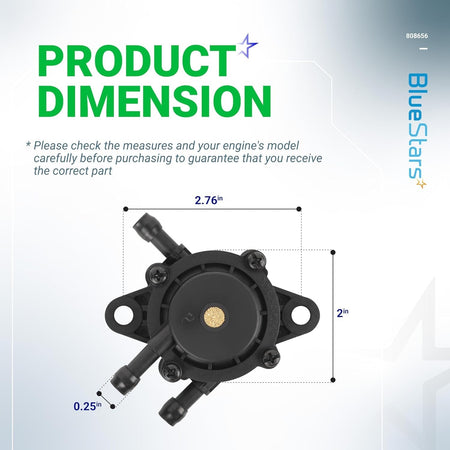 Dimensional diagram showing the 2.76-inch by 2-inch size of the 808656 fuel pump for small engines.