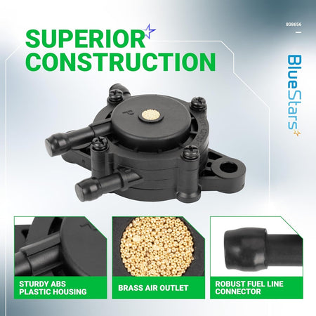 Replacement fuel pump 808656 featuring ABS plastic housing, brass air outlet, and fuel line connectors.