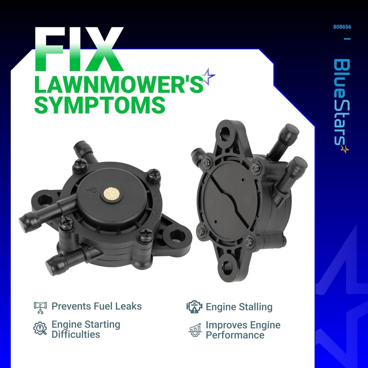 Two black fuel pump replacements for lawnmower engines shown from front and back angles.