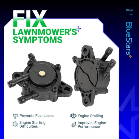 Two black fuel pump replacements for lawnmower engines shown from front and back angles.