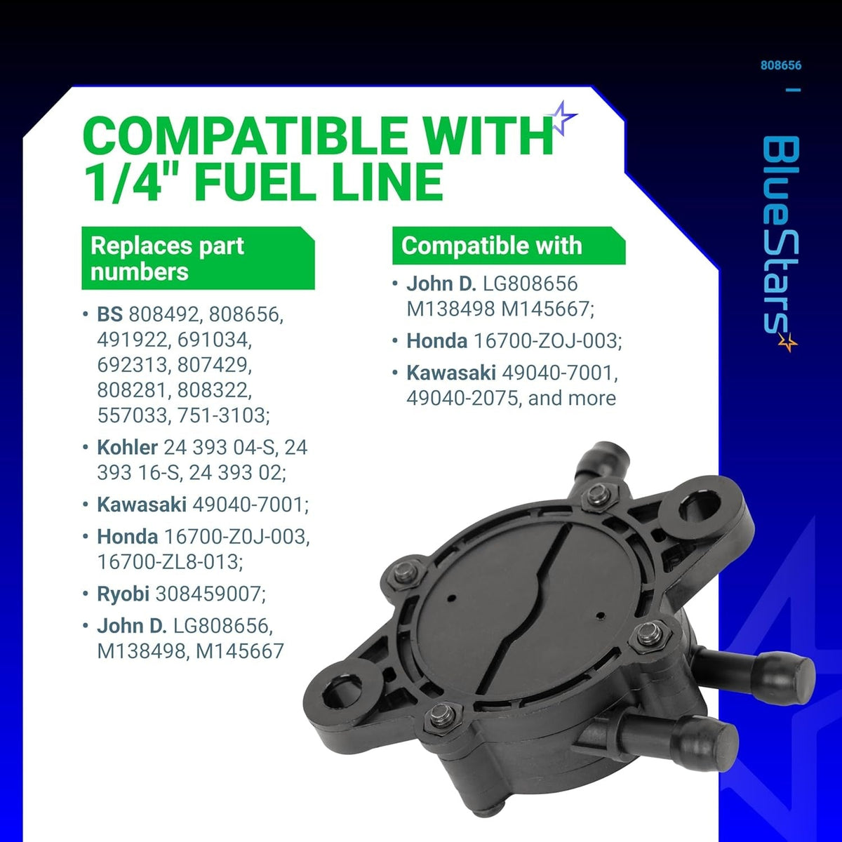 Replacement fuel pump for 1/4 inch fuel lines with compatibility list for Briggs and Stratton, Kohler, and Honda engines.