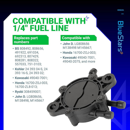 Replacement fuel pump for 1/4 inch fuel lines with compatibility list for Briggs and Stratton, Kohler, and Honda engines.