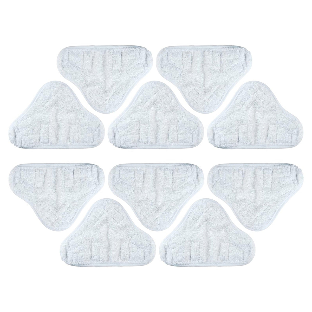 Pack of 10 white triangular microfiber replacement pads for X-Series steam mops arranged on a white background.