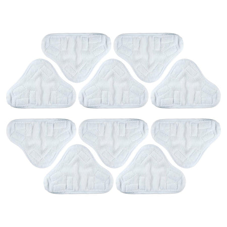 Pack of 10 white triangular microfiber replacement pads for X-Series steam mops arranged on a white background.