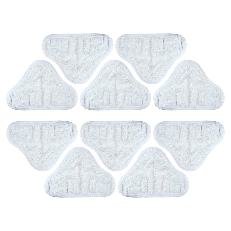Pack of 10 white triangular microfiber replacement pads for X-Series steam mops arranged on a white background.
