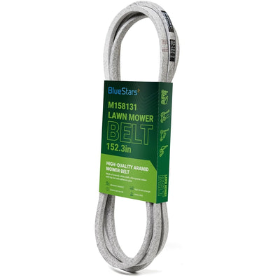 BlueStars M158131 mower deck belt for John Deere Z425 Z435 Z445 EZtrak mowers in retail packaging.