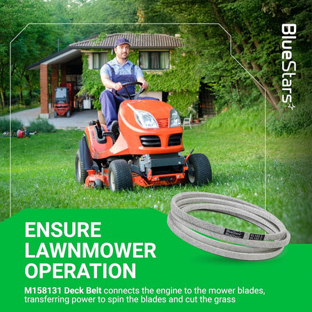 M158131 mower deck belt for John Deere Z425, Z435, and Z445 zero-turn mowers shown with a riding lawn mower.